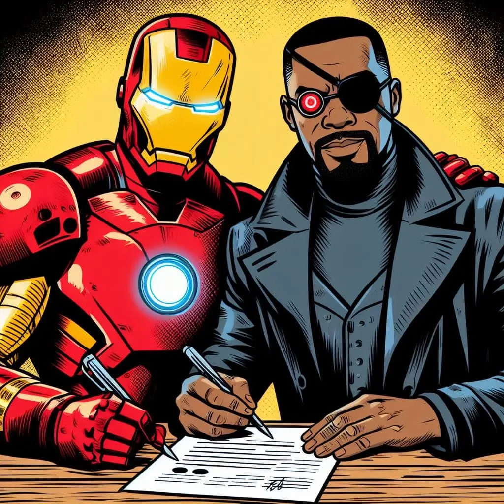 Iron Man junto a Nick Fury firmando un contrato de seguros para los Vengadores