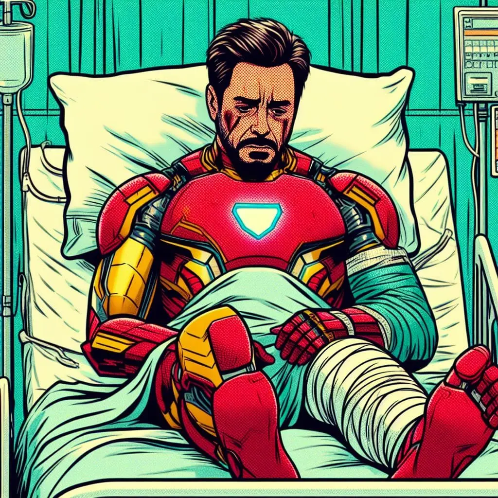 Tony Stark se encuentra acostado en una cama de hospital mal herido y deprimido