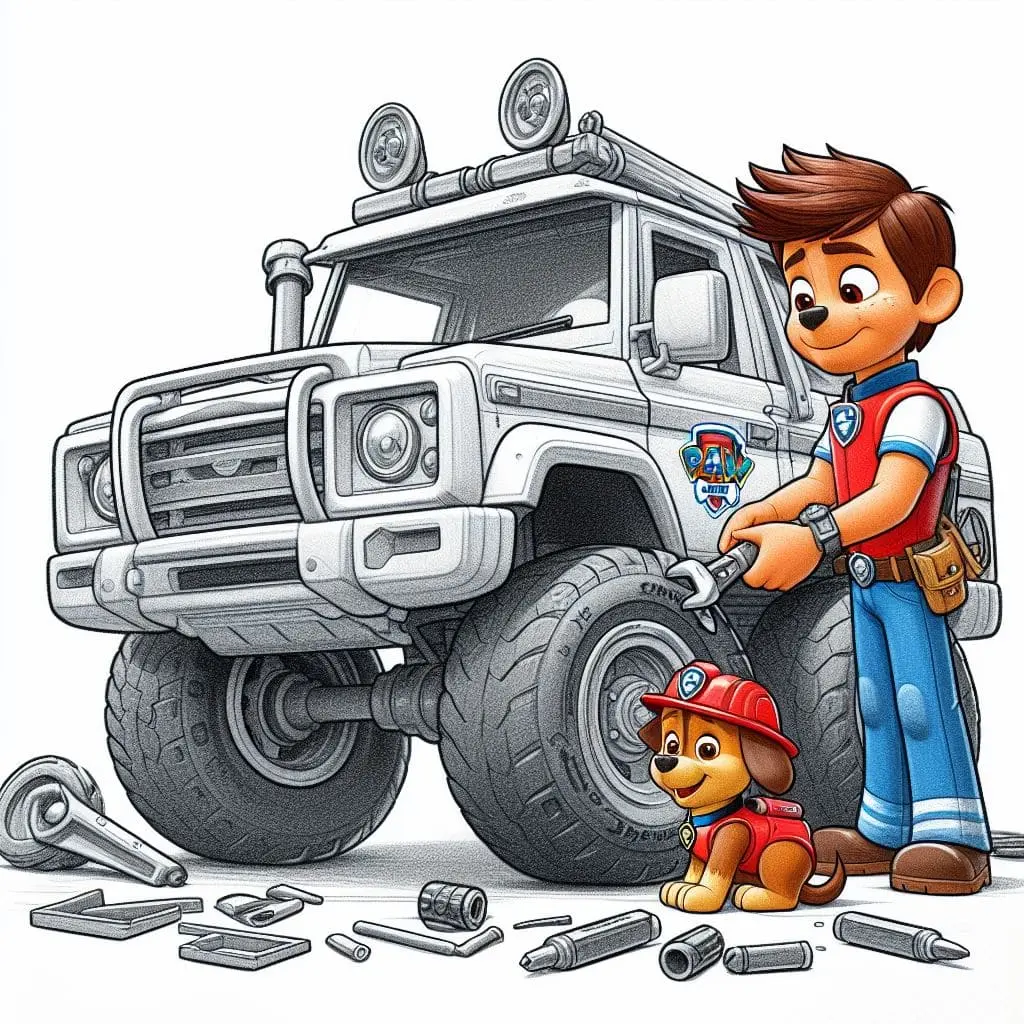 El jefe Ryder reparando uno de los vehículos de los PawPatrol junto a uno de los cachorros