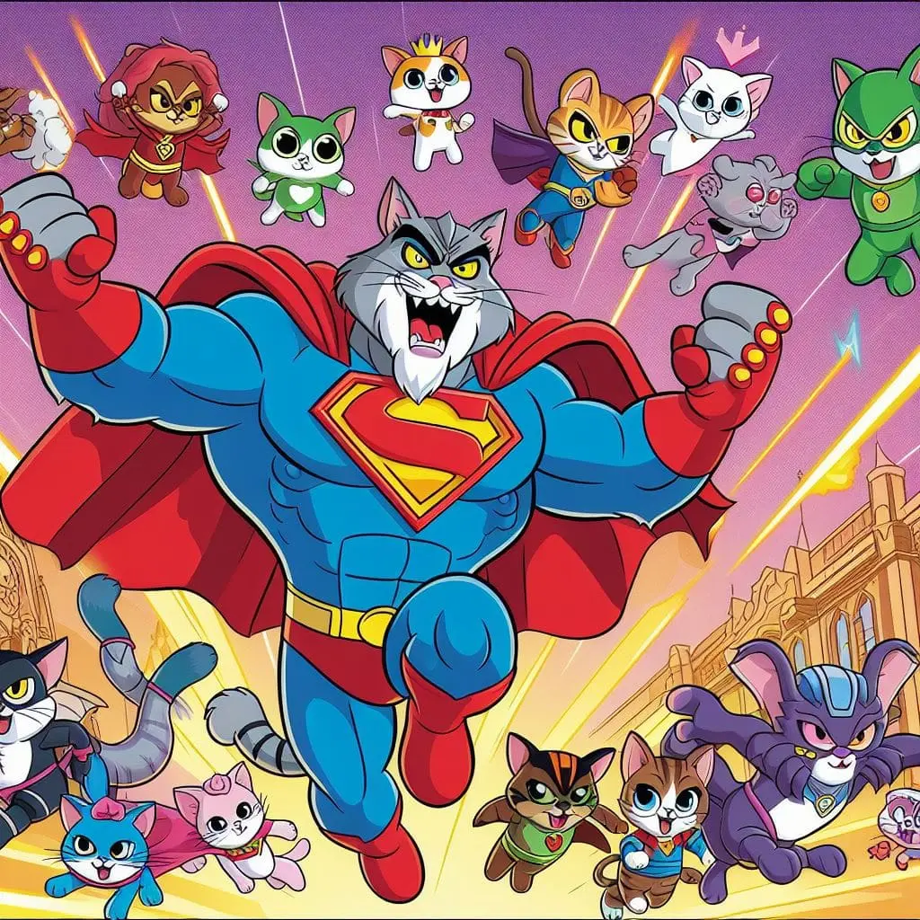 Todo el equipo del mal de los Super Gatitos en su camino para destruir la ciudad