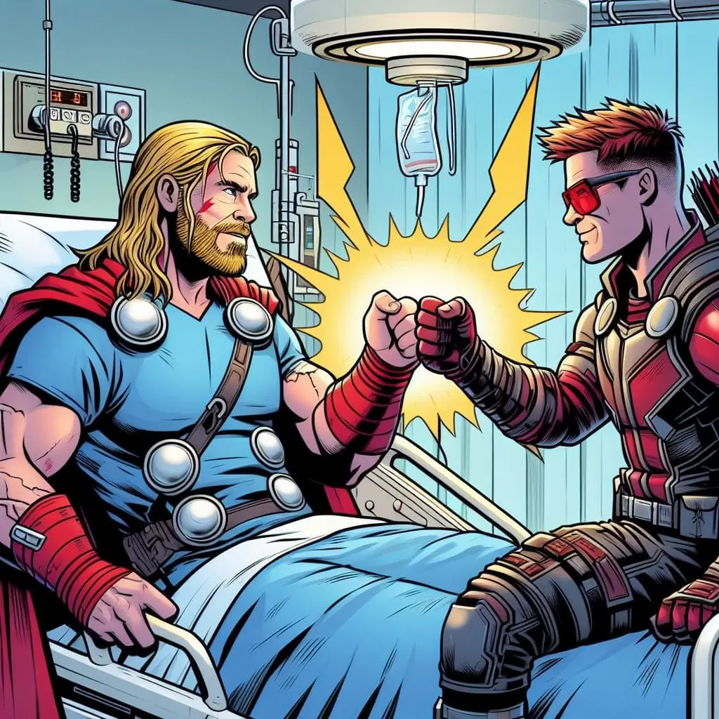 Thor, acostado en una cama de hospital, chocando puño con Hawkeye chocando sus puños en el hospital